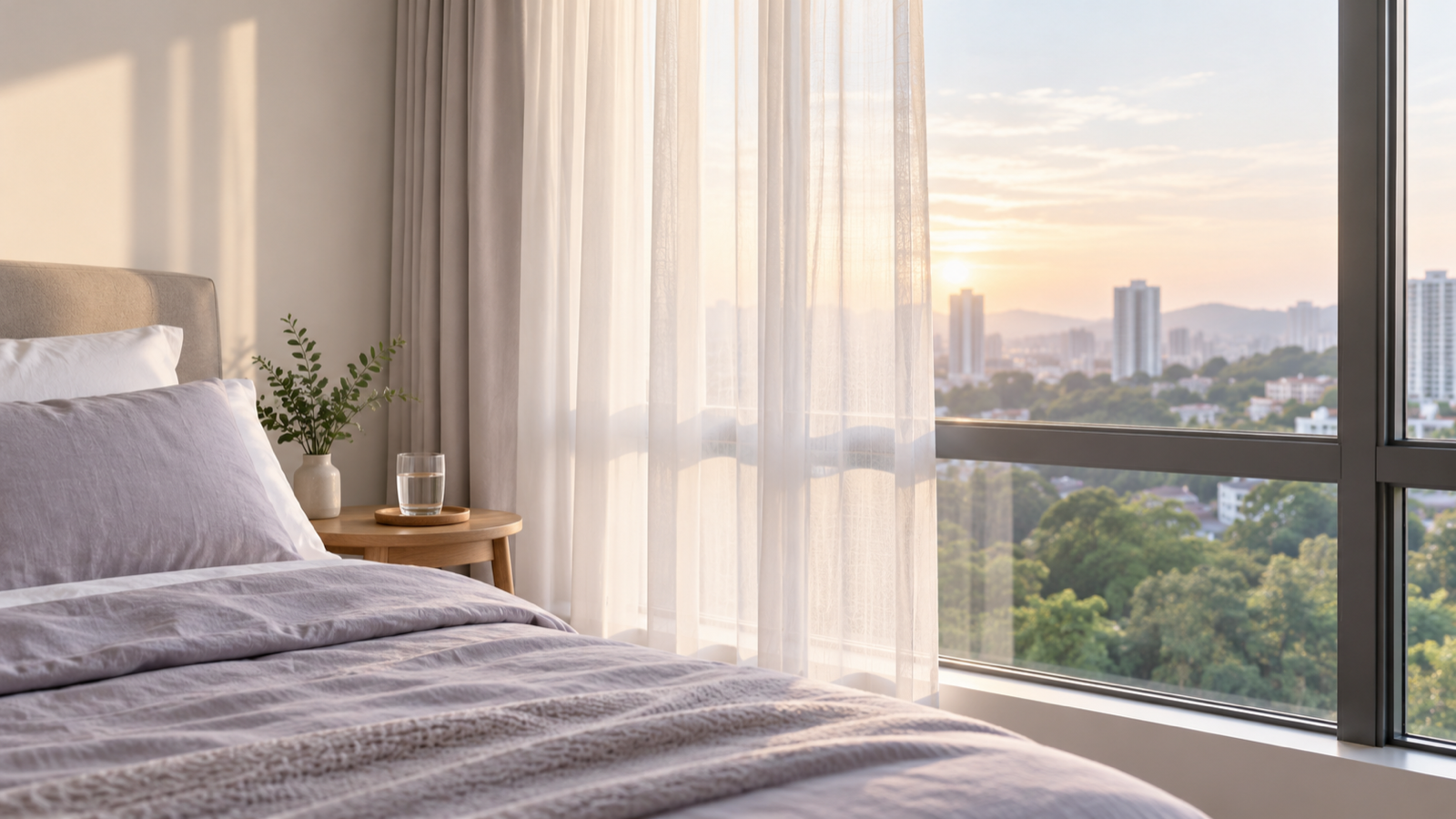 Soft morning light through sheer curtains beside a made bed in a Malaysian condominium