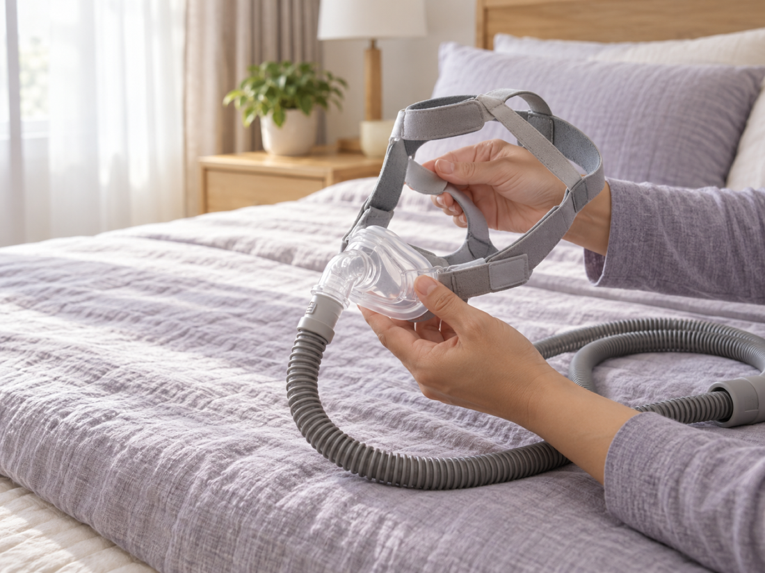 Hands holding a CPAP mask over a neatly made bed with the air hose beside it