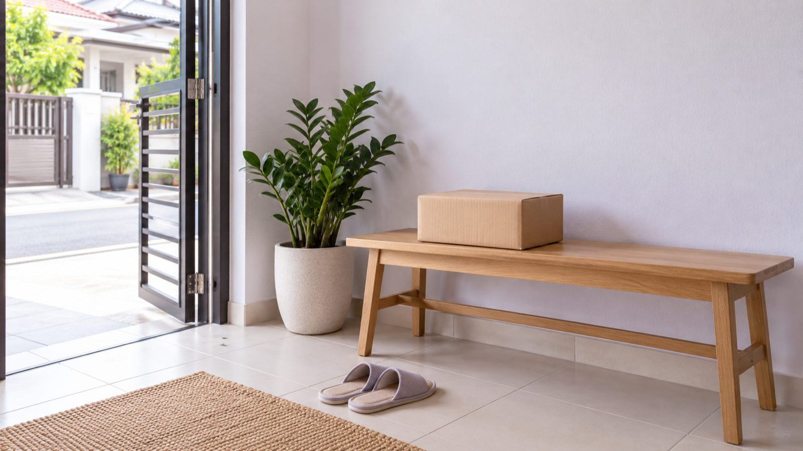 Plain parcel box on a wooden bench by the front door of a Malaysian terrace house